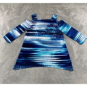 Peck & Peck‎ Womens Blue White Abstract Stripe Cold Shoulder Sharkbite Tunic S